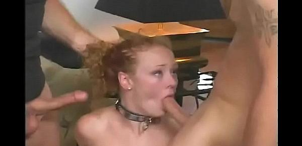  Sexy redhead bitch in fishnet stockings Audrey Hollander takes two cocks in her asshole and cunt